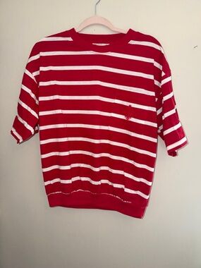 Vintage Pristine Red and White Striped Short Sleeve Tee with Banded Hem